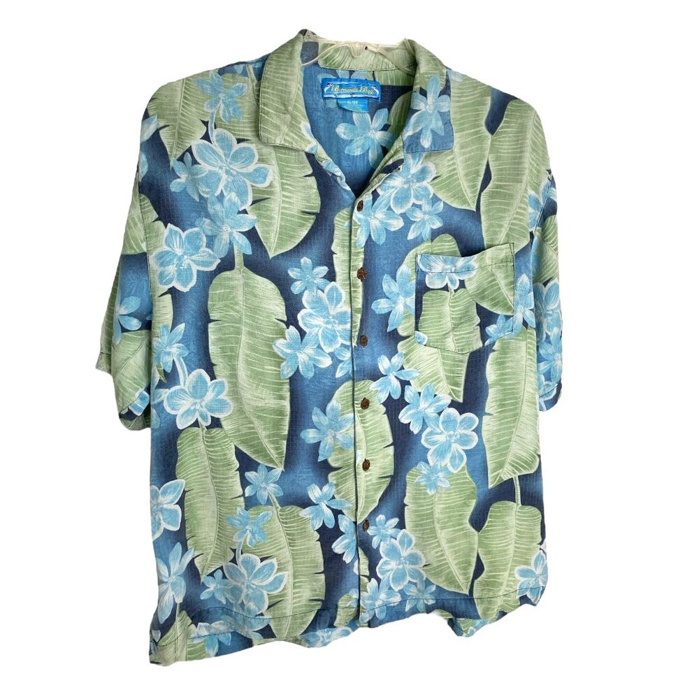 Bermuda Bay Men's Blue Hawaiian Floral Print Silk Shirt Size XL Tropical Island